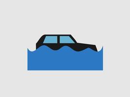 A minimalist illustration features a black car with light blue windows partially submerged in stylized blue waves, symbolizing a vehicle affected by a flood or rising water vector