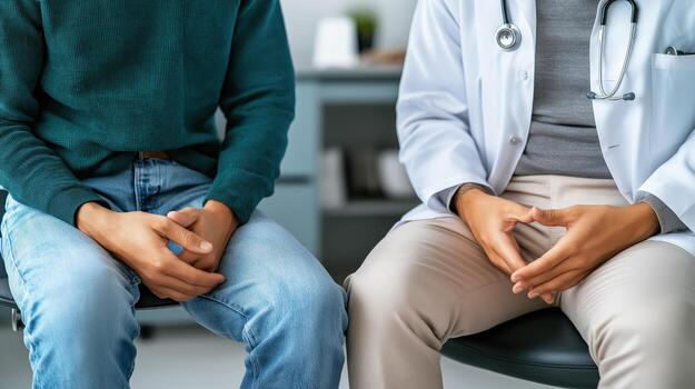 de cerca de paciente y médico en consulta, enfatizando confiar y comunicación en cuidado de la salud ajuste foto