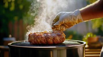 Close-Up of Juicy Steak on Grill with Rising Smoke, Outdoor BBQ and Cooking Scene photo