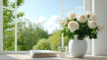 Elegant White Roses by Window, Serene Home Decor for Bright and Peaceful Interiors photo
