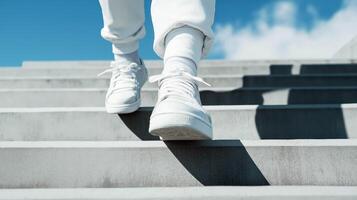 Close-Up of White Sneakers Descending Steps, Emphasizing Minimalist Style and Urban Comfort photo