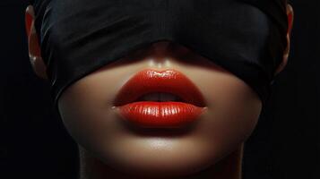 Seductive Red Lips with Black Blindfold, Fashion Beauty and Mystery Aesthetic Concepts photo