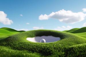 Golf Ball Near the Hole on a Green Course, Scenic Outdoor Landscape with Rolling Hills and Blue Sky, Ideal for Golf and Sports Concepts photo