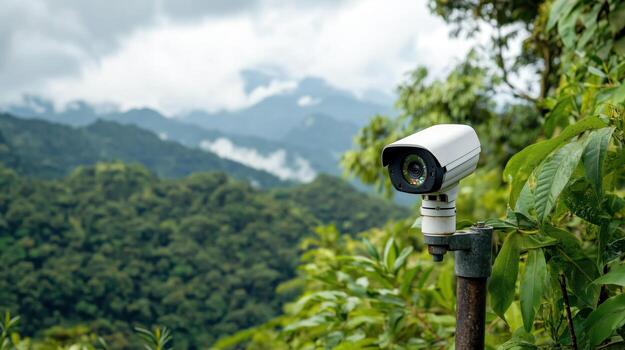 Security Camera Monitoring Forest Environment, Concept of Wildlife Surveillance and Environmental Protection in Remote Areas photo