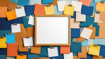 Wooden Bulletin Board Surrounded by Colorful Notes, Creative and Organized Workspace Design for Planning and Inspiration photo