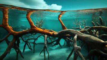 Underwater View of Mangrove Roots, Aquatic Ecosystem with Clear Water and Marine Life photo