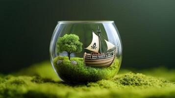 Miniature Pirate Ship in a Glass Terrarium, Symbolizing Adventure and Creativity, Ideal for Fantasy, Design, and Artistic Concepts photo