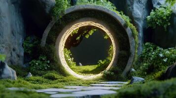 Enchanted Forest Path with Circular Stone Ring, Mystical and Greenery-Filled Setting Ideal for Fantasy and Nature Themes photo