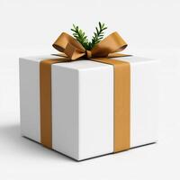 White Gift Box with Golden Bow and Green Leaf Accent, Elegant and Minimalist Present Design photo