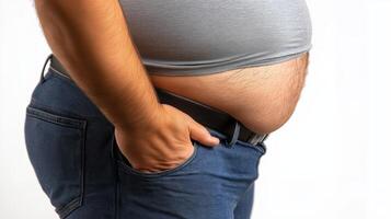 Side View of Overweight Person with Belly Exposed, Concept of Health, Weight Gain, and Body Image photo