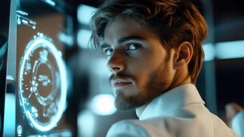 Young Scientist Man, Looking at Futuristic Holographic Display, Concept of Advanced Technology in Business Use photo