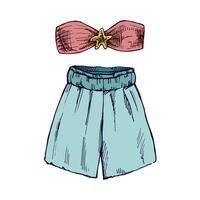 Hand drawn colored sketch of summer outfit set with bandeau top and wide-leg shorts in vintage style vector