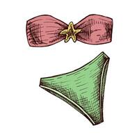 Hand drawn colored sketch of bandeau bikini set with starfish detail in vintage style vector