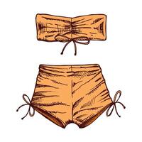 Hand drawn colored sketch of two-piece beachwear set with bandeau top and tied shorts in retro style vector