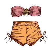 Hand drawn colored sketch of two-piece beachwear set with bandeau top and tied shorts vector