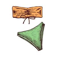 Hand drawn colored sketch of bandeau bikini set with bow detail in vintage style vector