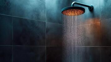 Modern Shower Head with Water Flowing, Minimalist Bathroom Design and Warm Lighting photo
