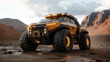 Futuristic Off-Road Vehicle in Desert Landscape, Rugged Adventure, Sci-Fi Exploration photo