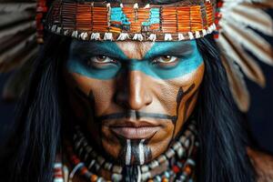 Close-Up of Man Wearing Traditional Headdress and Face Paint, Cultural Portrait, Intense Gaze photo