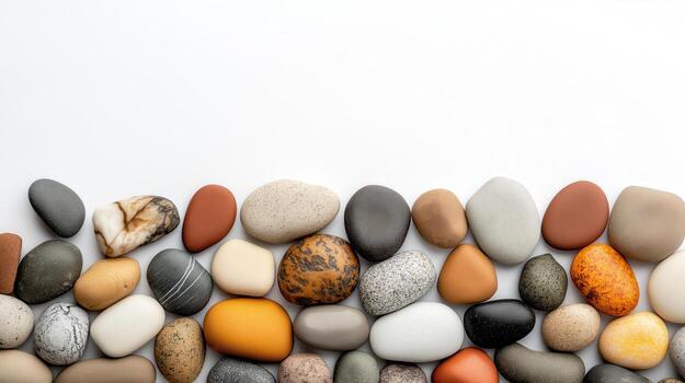 Row of Colorful Smooth Pebbles Aligned on White Background, Natural Stone Texture photo