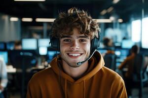 Friendly Customer Service Agent Wearing Headset in a Modern Office photo