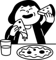 A hand drawn illustration of a character eating pizza slices vector