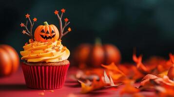 Halloween Cupcake with Pumpkin Topper and Glittering Stars in Festive Autumn Setting photo