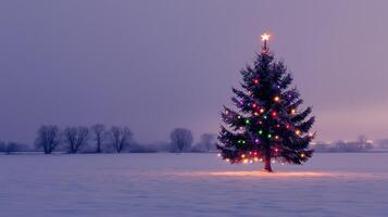 Lone Christmas Tree with Colorful Lights in a Snowy Field at Dusk photo