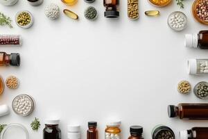 Top View of Vitamins and Supplements Arranged Around a White Background, Creating a Minimalist Frame photo