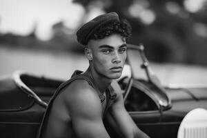 Vintage Portrait of a Young Man in a Classic Car with a Contemplative Look photo