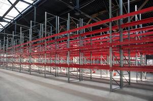 Logistics warehouse concept with empty high pallet racks, shelving system photo