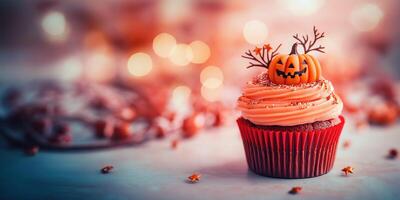 Festive Halloween Cupcake with Pumpkin Topper and Glittering Decorations photo