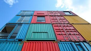 Stacked Colorful Shipping Containers Against a Bright Blue Sky photo