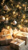 Golden Christmas Gift Boxes and Ornaments Under Tree With Warm Lights photo