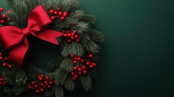 Festive Christmas Wreath with a Red Bow and Red Berries photo