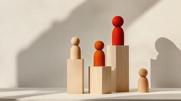 Wooden Figures Representing Leadership and Teamwork in Hierarchical Arrangement on Wooden Blocks photo