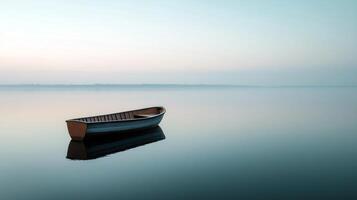 Wooden Boat Floating in Tranquil Waters at Dawn with Calm Reflections on the Horizon photo