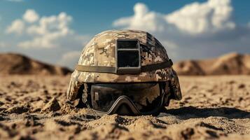 Military Helmet with Goggles in Desert, Combat Gear, Tactical Head Protection photo