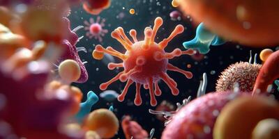 Closeup of Microscopic Virus and Bacteria Cells in a Colorful Environment for Scientific, Medical, and Microbiology Studies photo