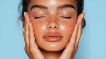 Close-Up of Woman with Glowing Skin and Freckles, Beauty and Skincare Concept, Soft Expression photo