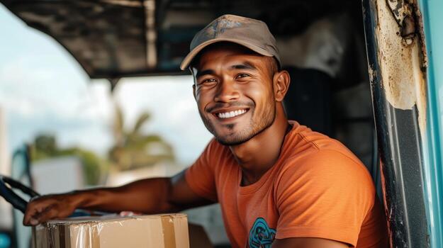 Smiling Delivery Driver with Box in Vehicle, Positive and Friendly Logistics Service photo