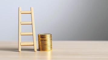 Wooden Ladder and Stacked Gold Coins Depicting Wealth Progression and Investment Growth photo