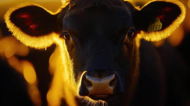 de cerca de un vaca con luz de sol brillante mediante sus piel y etiqueta en oído a dorado hora foto