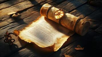 Illuminated Ancient Scroll on a Wooden Table with a Wax Seal Emblem photo