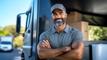 Smiling Delivery Man Standing in Front of Truck, Professional Logistics and Transportation photo