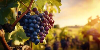 Close-Up of Ripe Purple Grapes in Vineyard During Golden Sunset, Ideal for Wine Making photo