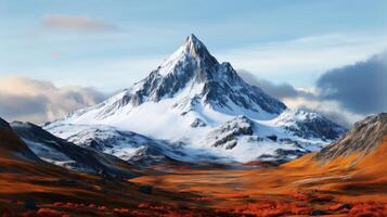 Majestic Snow-Capped Mountain Surrounded by Vibrant Autumn Landscape Under a Clear Sky photo