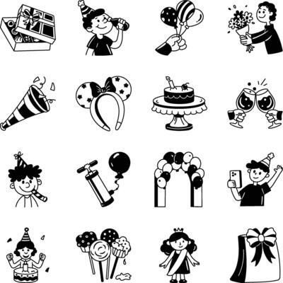 Set of 16 Doodle Style Birthday Illustrations