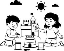 Kids making sandcastle on beach, glyph style illustration vector