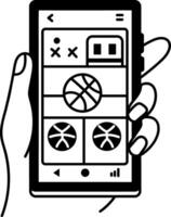 Online basketball streaming on mobile app, doodle illustration vector
